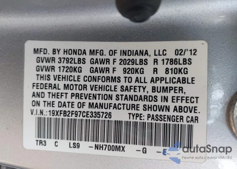 2012 Honda Civic Ex-L из США, поврежденный, VIN 19XFB2F97CE335726